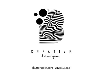 Logo de la letra B con líneas y puntos negros. Ilustración vectorial con tipografía geométrica. Icono creativo con letra.
