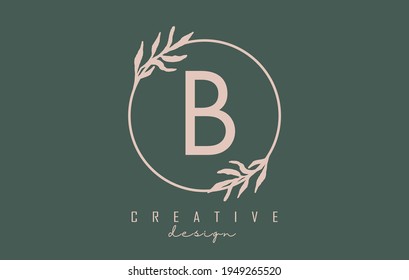 Logo de la letra B con marco circular y diseño de hojas pastel. Ilustración vectorial redondeada con letra B y hoja pastel para belleza, moda, joyería, lujo, productos naturales o servicios ecológicos.