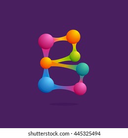 Letter B logo with colorful spheres or dots and lines. Colorful vector design for banner, presentation, web page, app icon, card, labels or posters.