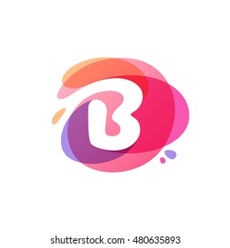 Letter B logo at colorful watercolor splash background. Vector elements for posters, t-shirts and cards. 