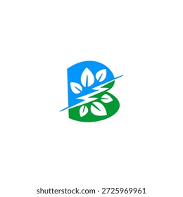 Letter B logo combining a lightning bolt and green leaf. Vector design for renewable energy, eco-friendly electricity, and sustainable tech startups.