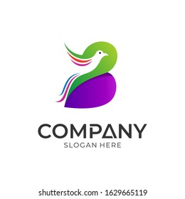 letter b logo design with bird silhouette shape, nature animal vector illustration