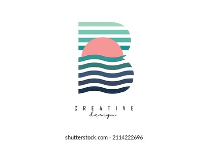 Letter B logo design with colorful straight and zig zag lines. Vector illustration with sea and sunset color lines and half circle.