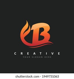 Letter B Logo Design With Fire Flames and Orange Swoosh Vector Illustration