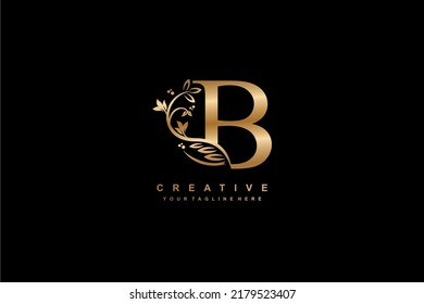 diseño del logo de la letra B con flores, hojas y plumas doradas en un estilo hermoso y elegante. monograma B. tipografía B. logotipo B inicial. adecuado para viajes de negocios, bodas, boutique, empresa, hotel, etc