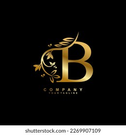 diseño del logo de la letra B con flores, hojas y plumas doradas en un estilo hermoso y elegante. monograma B. tipografía B. logotipo B inicial. adecuado para viajes de negocios, bodas, boutique, empresa, hotel, etc