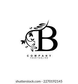 letter B logo design with flowers, leaves and black feathers in a beautiful and elegant style. monogram B. typography B. initial B logo. suitable for, business, wedding, boutique, company, hotel, etc