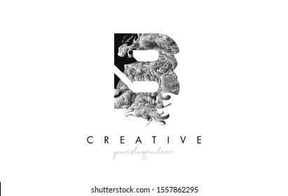 Letter B Logo Design Icon with Artistic Grunge Texture In Black and White Vector Illustration.