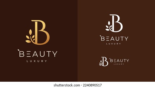 Diseño de logotipo de letra B con plantilla de símbolo de icono de hoja. Lujo mínimo de diseño inicial de B concepto de belleza vector. Marca de letra B logotipo serif para marca de belleza o empresa de negocios