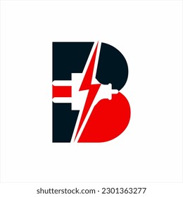  Diseño de logotipo de letra B con rayo y señal de enchufe en espacio negativo.