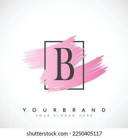 Letter B Logo Design With Pink Brush in Black Frame. Vector Illustration