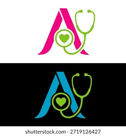 Diseño del logotipo de la letra B con el estetoscopio y el icono del corazón