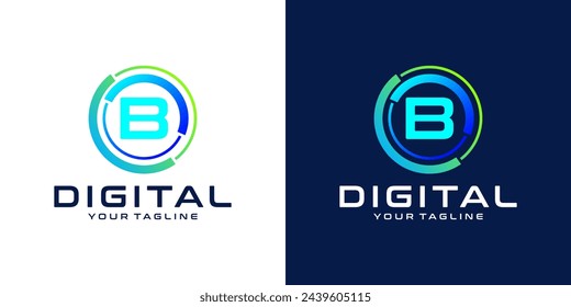 letter B logo design template technology, modern circle logo digital, technology, connection, data, media, circle line