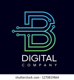 Letter B logo design template,Technology abstract dot connection cross vector logo icon circle logotype. Graphic is suitable for technology, digital, sharp, dot, electric. Gradient blue and green.