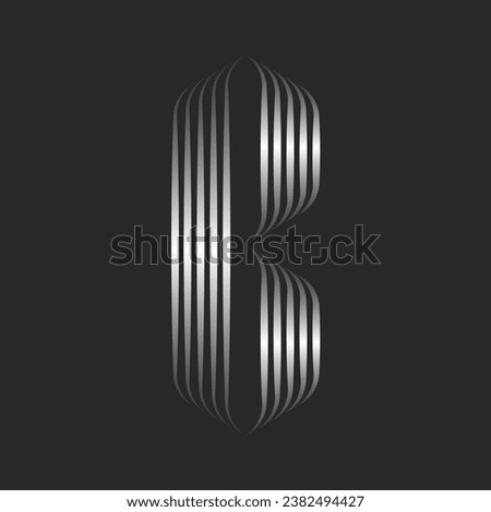 Letter B logo elegant monogram from metallic gradient stripes from smooth thin parallel lines, creative calligraphic silver ribbons logotype.