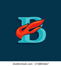 Letter B logo with fast speed fire. Vintage serif font with line shadow. Vector icon perfect for sportswear labels, race posters, victory identity, etc.