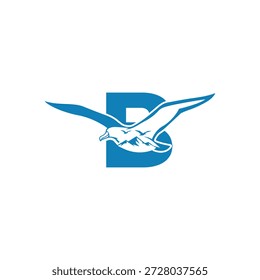 Logotipo de la letra B con el pájaro que vuela, símbolo costero dinámico de la marca, concepto de la libertad y del movimiento en azul y blanco