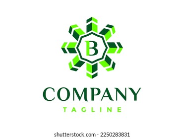 Letter B logo in green arrow shaped frame.