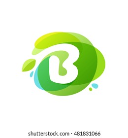 Letter B logo at green watercolor splash background. Vector elements for posters, t-shirts, ecology presentation or card.
