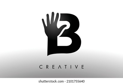 Logotipo de letra B con Ilustración del icono del vector de mano. Carta con logotipo de mano creativa en blanco y negro con silueta de mano.