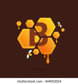 Letter B logo in Honeycomb with flowing honey. Colorful vector design for banner, presentation, web page, app icon, card, labels or posters.