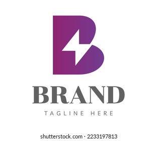 Letter B logo icon design template elements. Gradient purple logo with initial letter B and flash bolt energy power icon, negative space style. Usable for Branding and Business Logos.
