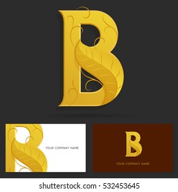 Letter B logo icon design template. Golden sign with a leaf. Business card templates. Vector illustration.