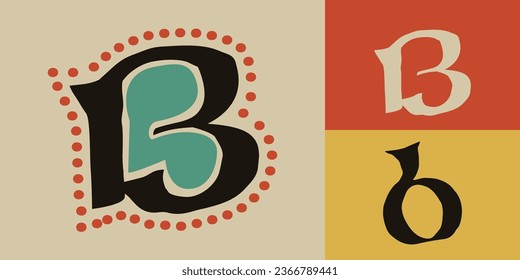Letter B logo. Lindisfarne calligraphy in majuscule Celtic, Anglo-Saxon, Irish style with red dots pattern. Dim colored medieval initial. Vintage illuminated dropcap for brewery, heraldic monograms.