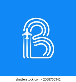 Letter B logo is made of three parallel lines with a plane icon. Vector emblem for a travel app, jet company identity, and shipping advertising.