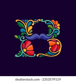 Letter B logo with Mexican colorful and ornate ethnic pattern. Traditional Aztec leaves and flowers embroidery ornament. Vector design template for folk Spanish food, holidays, carnival, and party.