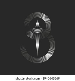Letter B logo monogram or 3 mumber logotype, thin lines metallic gradient stripes weaving shape