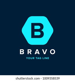 letter B logo on a polygon blue background. Initial letter uppercase polygon shape negative design logo.