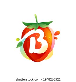 Letter B logo on a tasty ripe Strawberry with green leaves and juice splashes. Vector negative space icon for fresh farm organic company, ecology magazine, exotic poster, summer menu cover.