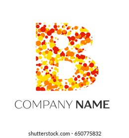 Letter B logo with orange, yellow, red particles and bubbles dots on white background. Vector template for your design