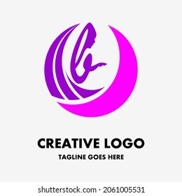 letter b logo, pink woman icon and purple crescent moon in a circle. creative and simple vector logo. abstract logo design. company or business logo template