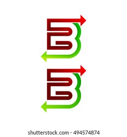 Letter B logo with Red and Green Arrow Forward Next Signs, Express Exchange Symbols, Transportation Export Import icons, Technology Digital Connection Trading concept for Corporate identity Business