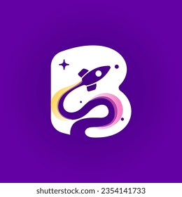 Letter B logo with rocket launch trail, planets, and stars. Negative space style icon. Vector typeface for science identity, planet travel app, chemistry posters, jet company, and biology advertising.