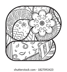 Letter B logo with seamless Tracery pattern. Mehndi Designs. Curved black and white scribble background. Vector 10. Ethnic monochrome binary doodle texture. Coloring with pleasure.