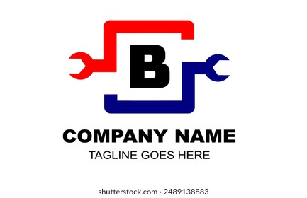 letter b logo simple mechanic with wrench frame american colour style red and blue. Modern Minimalist Spanner Wrench Gear Logo, Engineering Mechanical Tools Design Vector for automotive bussiness