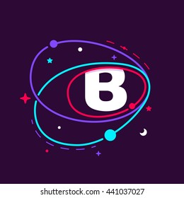 Letter B logo in space orbits, stars and and planets. Colorful vector design for app icon, corporate identity, card, labels or posters.