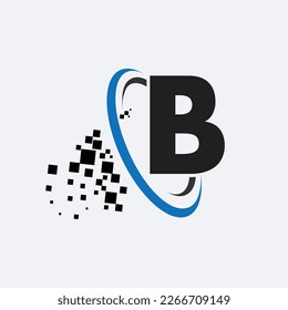 letter B logo symbol in the colorful circle with shattered blocks on white background. Pixel Motion. Template for your design