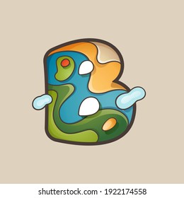 Logo de la letra B con patrón de línea de mapa topográfico. Emblema de aventura al aire libre con montaña, océano, colinas, bosque, desierto y nubes.
