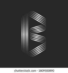Letter B logo trendy monogram initial from endless ribbon, metallic gradient curly flowing lines, linear calligraphic lettering for business cards.