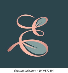 Letter B logo.Decorative creative calligraphic icon isolated on green fund.Leaf element.Lettering sign for beauty, spa, eco, natural food brand.Alphabet initial.Ornamental style.Pink character shape.