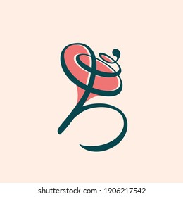 Letter b logo.Decorative creative typographic icon isolated on light fund.Symbol for beauty, spa, cosmetics, eco, elegant, fresh brand.Green  and red color alphabet initial.Nature floral element.