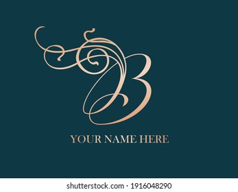 Logo de la letra B.Icono decorativo creativo tipográfico aislado en fondos oscuros.Icono de letras para belleza, spa, marca elegante, de lujo.Alfabeto inicial.Giro ordenado, elementos vegetales.Forma de carácter dorado.