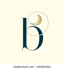 Letter B logo.Initial lowercase lettering icon with golden leaf.Stylized typographic sign with organic nature element isolated on light background.Cosmetics, spa & health alphabet character shape.