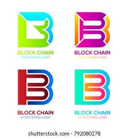 Letter B logos Colorful Shape with Blockchain Technology and Abstract Interlocking, Bitcoin Cryptocurrency data, Digital connect link network Concept