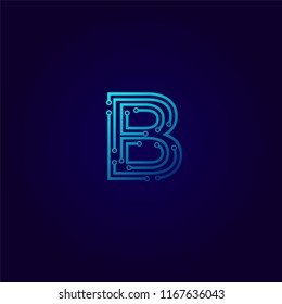 Letter B logotype Light blue neon Logo design template, Technology and digital abstract dot connection cross  vector concept logo