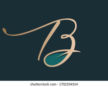 Letter B logo.Typographic icon isolated on dark background. Golden lettering sign with leaf. Uppercase alphabet initial.Luxury style calligraphy.